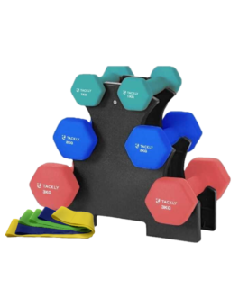 Tackly kit de mancuernas de neopreno 1- 3kg con soporte y cintas elásticas musculación